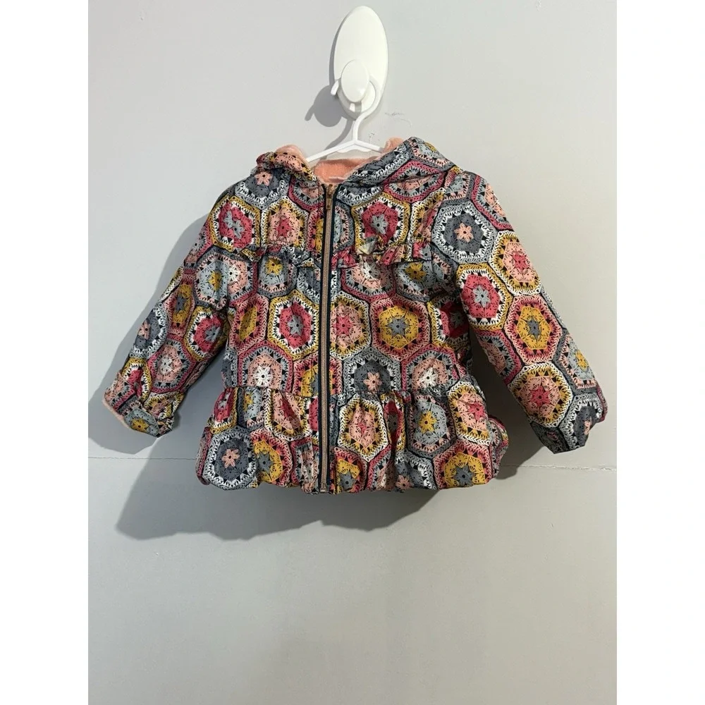 Girls Jacket Penelope Mack Floral Geometric with Pink Fleece Lining Size 24M